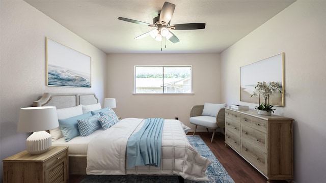 bedroom featuring ceiling fan and dark wood finished floors