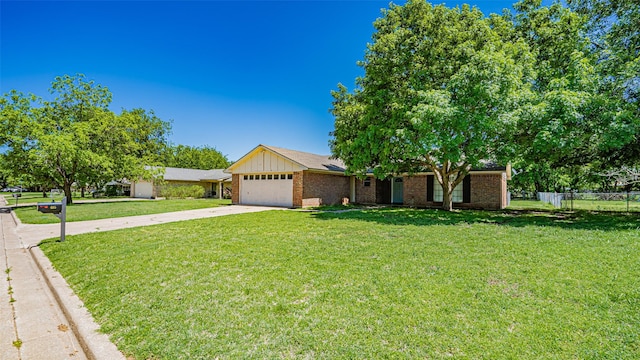 single story home with fence, concrete driveway, a front lawn, and a garage