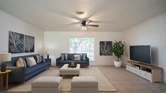 living room with visible vents, a ceiling fan, light tile patterned flooring, and crown molding