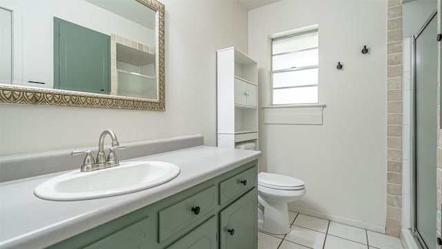 bathroom featuring tile patterned floors, a stall shower, toilet, and vanity