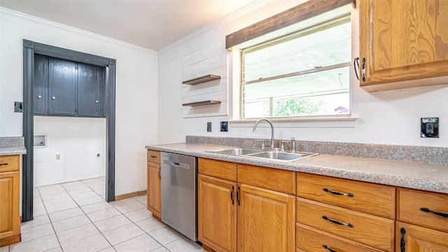 kitchen featuring a sink, light countertops, light tile patterned flooring, dishwasher, and ornamental molding