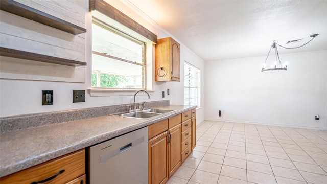 kitchen with a sink, light tile patterned floors, open shelves, decorative light fixtures, and stainless steel dishwasher
