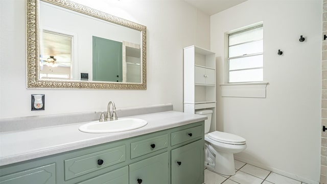 bathroom featuring tile patterned flooring, ceiling fan, toilet, vanity, and a shower