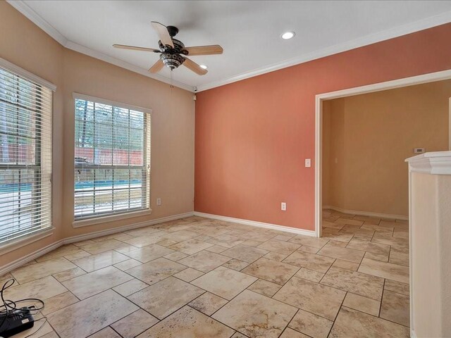 1904 Loblolly Ln, Lufkin, TX 75904 - empty room featuring ceiling fan, crown molding, baseboards, and recessed lighting