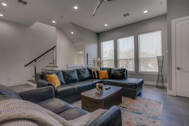 2239 Lovedale Ave Unit 105, Dallas, TX 75235 - living area featuring stairway, baseboards, visible vents, and recessed lighting