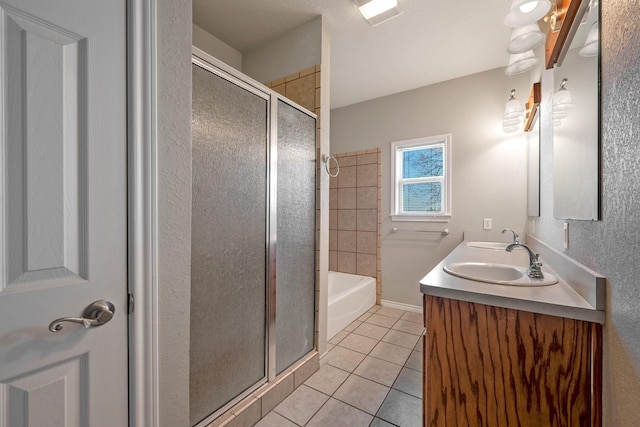 4489 E Fm 120, Denison, TX 75021 - full bathroom with a shower with shower door, tile patterned floors, double vanity, and a sink