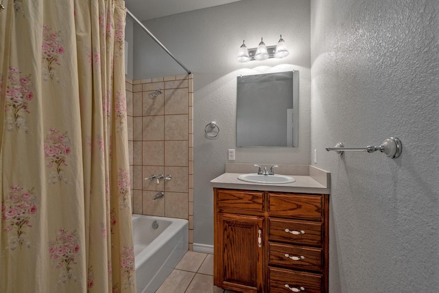 4489 E Fm 120, Denison, TX 75021 - full bathroom with shower / tub combo, tile patterned flooring, a textured wall, and vanity