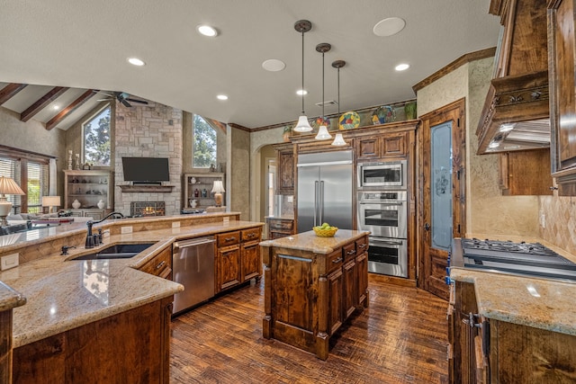 kitchen with built in appliances, a sink, a large island, vaulted ceiling, and dark wood-type flooring