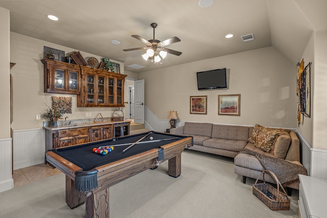 rec room with a wainscoted wall, recessed lighting, a ceiling fan, billiards, and light tile patterned floors