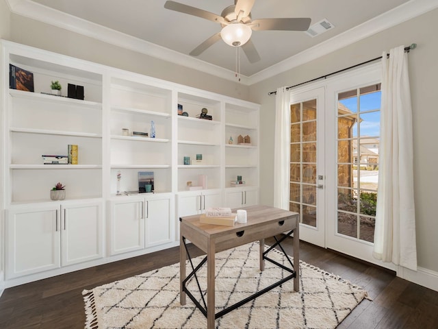 1040 Sugar Bars Dr, Lucas, TX 75002 - office featuring dark wood-style floors, ceiling fan, ornamental molding, and french doors