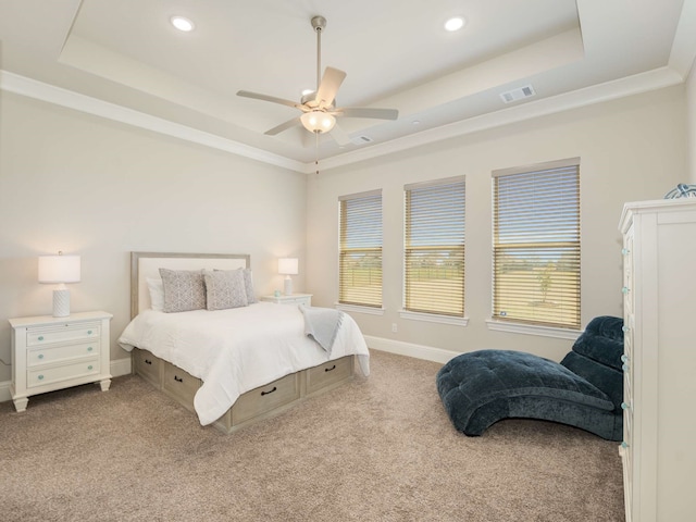 1040 Sugar Bars Dr, Lucas, TX 75002 - bedroom featuring a tray ceiling, carpet flooring, multiple windows, a ceiling fan, and recessed lighting