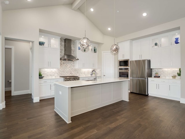1040 Sugar Bars Dr, Lucas, TX 75002 - kitchen with wall chimney range hood, appliances with stainless steel finishes, a sink, light countertops, and a center island with sink