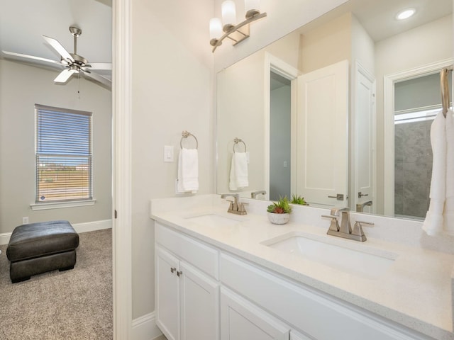 1040 Sugar Bars Dr, Lucas, TX 75002 - bathroom with double vanity, ceiling fan, baseboards, and recessed lighting