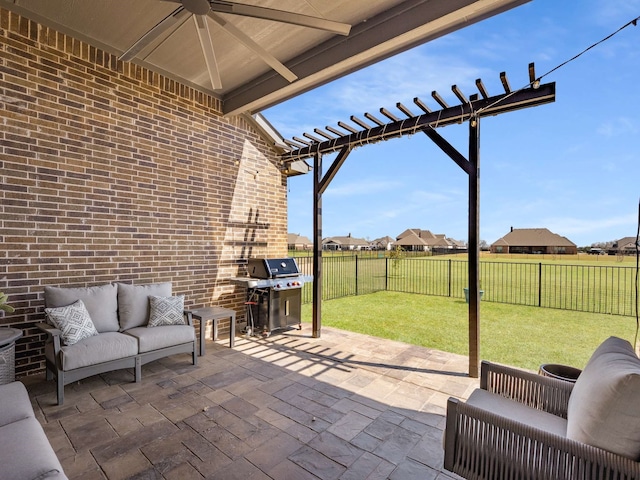 1040 Sugar Bars Dr, Lucas, TX 75002 - view of patio featuring a grill, a ceiling fan, outdoor lounge area, and a pergola
