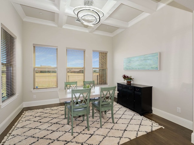 1040 Sugar Bars Dr, Lucas, TX 75002 - dining area with wood finished floors, a chandelier, coffered ceiling, plenty of natural light, and baseboards