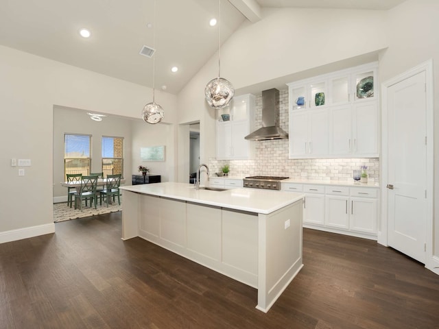1040 Sugar Bars Dr, Lucas, TX 75002 - kitchen with wall chimney range hood, a sink, light countertops, backsplash, and dark wood-style flooring
