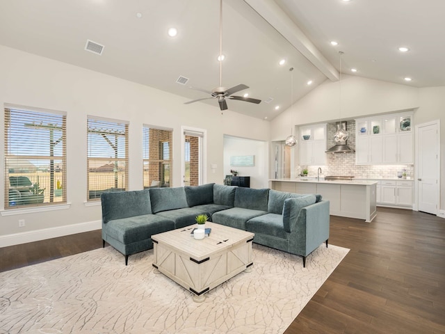1040 Sugar Bars Dr, Lucas, TX 75002 - living area featuring dark wood finished floors, beamed ceiling, a ceiling fan, high vaulted ceiling, and recessed lighting