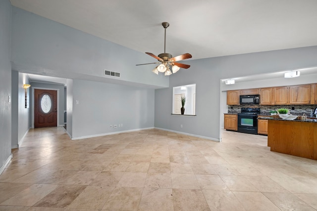 3712 Chittam Ln, Bedford, TX 76021 - unfurnished living room with ceiling fan and high vaulted ceiling