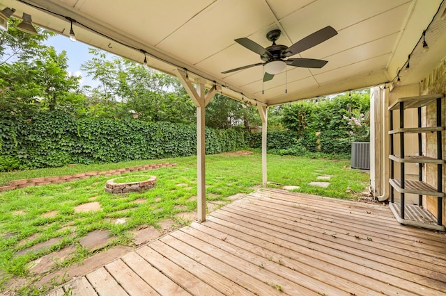3712 Chittam Ln, Bedford, TX 76021 - wooden terrace featuring a ceiling fan, a fenced backyard, and a fire pit