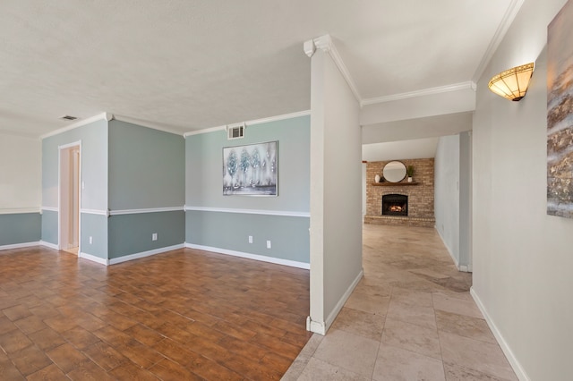 3712 Chittam Ln, Bedford, TX 76021 - empty room with ornamental molding and a brick fireplace