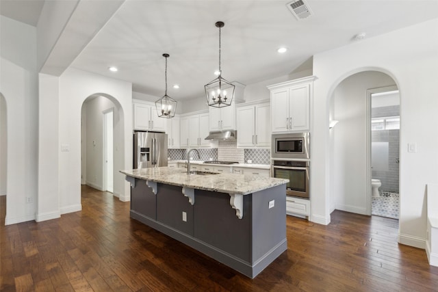 3612 Green Mountain Pl, Mckinney, TX 75070 - kitchen featuring stainless steel appliances, under cabinet range hood, arched walkways, a sink, and recessed lighting