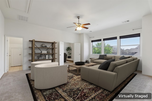 3612 Green Mountain Pl, Mckinney, TX 75070 - living area with ceiling fan, light colored carpet, and baseboards