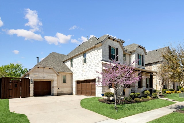 3612 Green Mountain Pl, Mckinney, TX 75070 - french country home with stone siding, concrete driveway, a front lawn, a shingled roof, and a porch