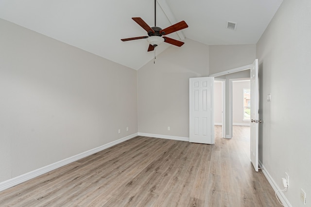 632 Albrook Dr, Allen, TX 75002 - empty room with a ceiling fan, light wood finished floors, high vaulted ceiling, and baseboards