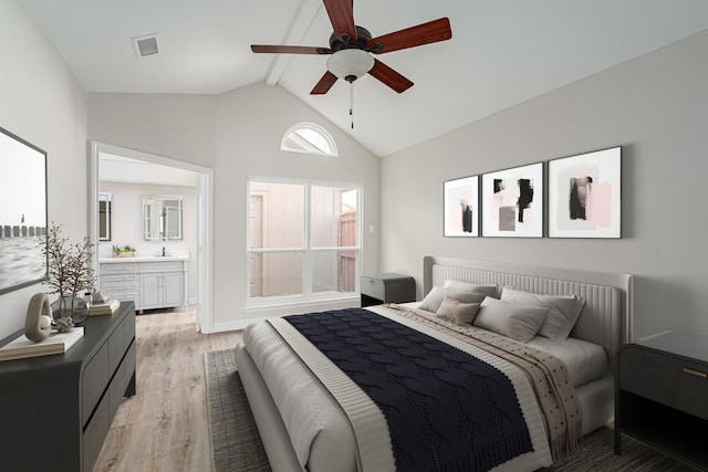 632 Albrook Dr, Allen, TX 75002 - bedroom featuring light wood-style flooring, beam ceiling, high vaulted ceiling, a sink, and a ceiling fan