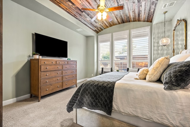 3510 Springbell St, Celina, TX 75009 - bedroom with baseboards, vaulted ceiling, light colored carpet, a ceiling fan, and wood ceiling