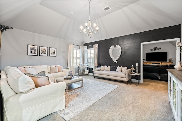 3510 Springbell St, Celina, TX 75009 - living area with a chandelier, light carpet, high vaulted ceiling, and wooden walls