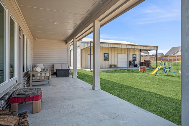 view of patio featuring a fenced backyard and a playground