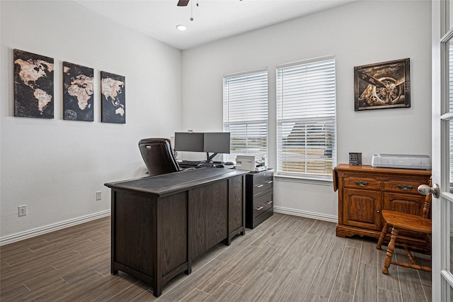 197 Spanish Moss Trl, Rhome, TX 76078 - office with a ceiling fan, wood finished floors, and baseboards