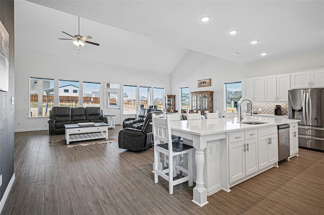 197 Spanish Moss Trl, Rhome, TX 76078 - kitchen featuring appliances with stainless steel finishes, a sink, open floor plan, white cabinetry, and a ceiling fan