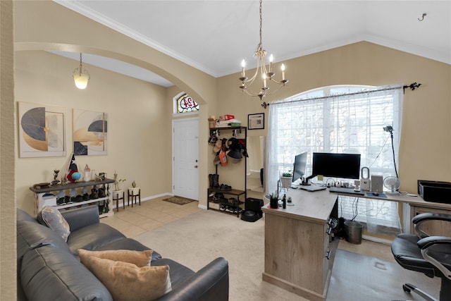 724 Darlington Trl, Fort Worth, TX 76131 - office space featuring arched walkways, a chandelier, vaulted ceiling, crown molding, and light tile patterned flooring