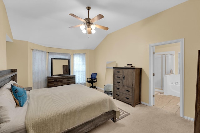 724 Darlington Trl, Fort Worth, TX 76131 - bedroom with lofted ceiling, light colored carpet, baseboards, connected bathroom, and ceiling fan