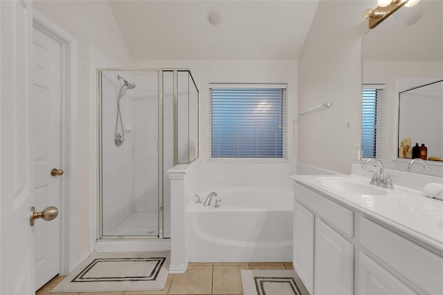 724 Darlington Trl, Fort Worth, TX 76131 - full bath with a shower stall, vanity, a garden tub, tile patterned flooring, and vaulted ceiling