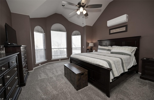 carpeted bedroom with lofted ceiling, baseboards, a wall mounted AC, and ceiling fan