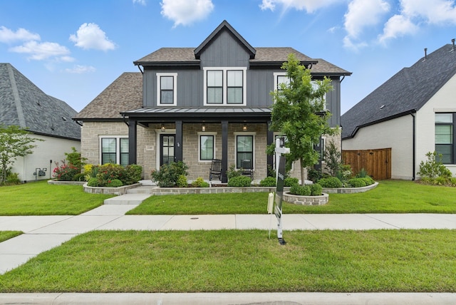 2205 Sandrellan St, Fort Worth, TX 76008 - view of front facade featuring covered porch, a standing seam roof, a shingled roof, board and batten siding, and metal roof
