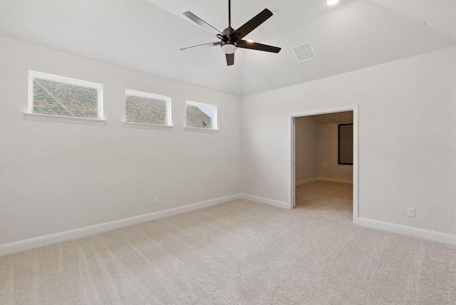 2205 Sandrellan St, Fort Worth, TX 76008 - empty room featuring light carpet, a ceiling fan, baseboards, and vaulted ceiling