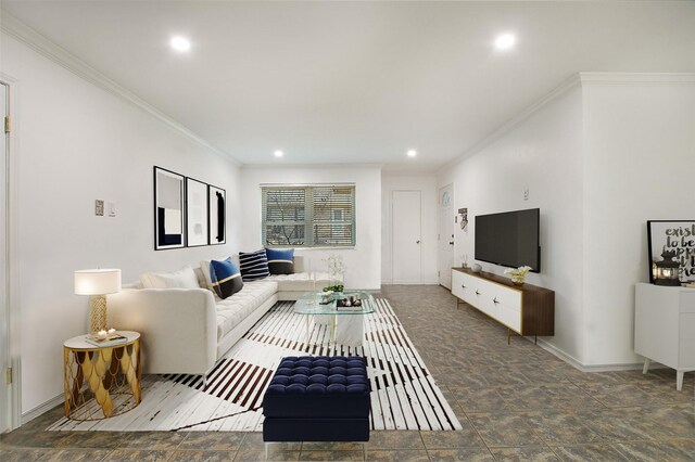 living room featuring ornamental molding, recessed lighting, and stone finish flooring