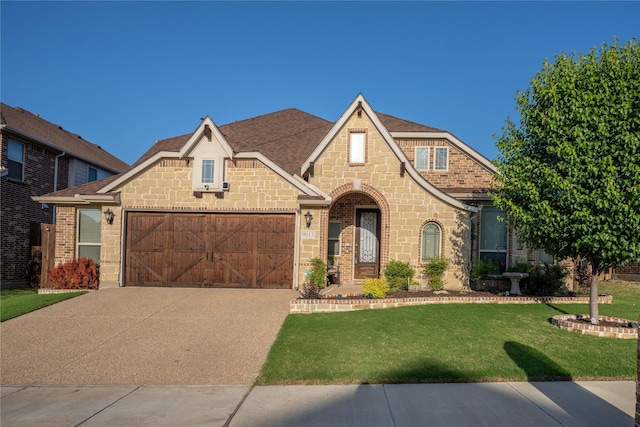 view of front of property with a front lawn, driveway, stone siding, brick siding, and a garage