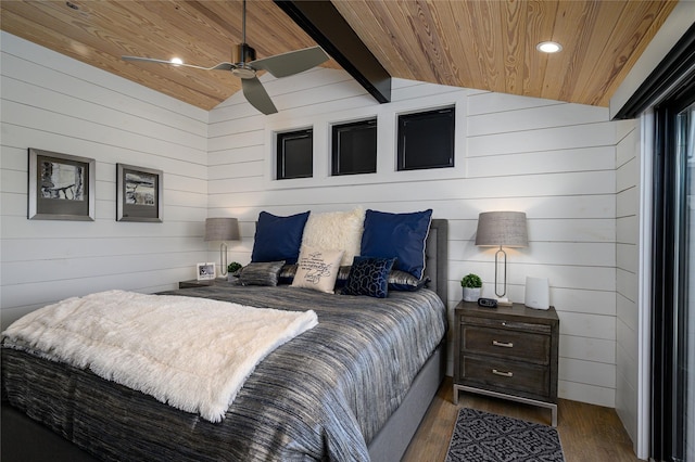 bedroom with recessed lighting, wooden ceiling, lofted ceiling, and wood finished floors