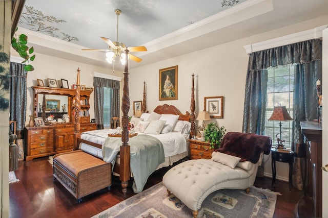 7388 Wilderness Way, Weatherford, TX 76085 - bedroom with a tray ceiling, dark wood-type flooring, ornamental molding, and a ceiling fan