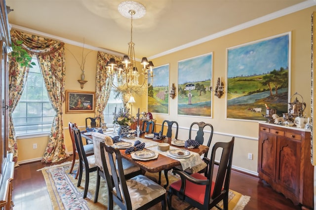 7388 Wilderness Way, Weatherford, TX 76085 - dining room with dark wood-style flooring, a chandelier, crown molding, and baseboards