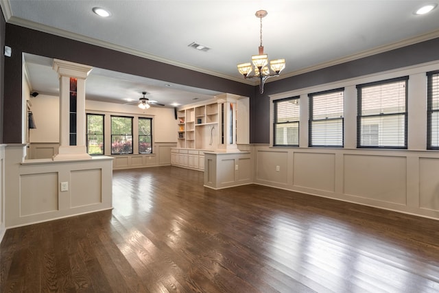 422 S Winnetka Ave, Dallas, TX 75208 - unfurnished living room with a decorative wall, decorative columns, crown molding, a chandelier, and a ceiling fan