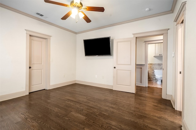 422 S Winnetka Ave, Dallas, TX 75208 - unfurnished bedroom with dark wood-type flooring, ornamental molding, ceiling fan, and baseboards