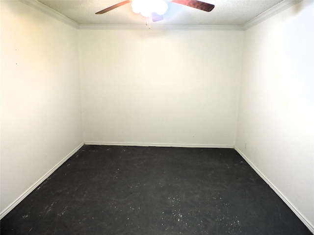 unfurnished room featuring a textured ceiling, baseboards, concrete floors, ornamental molding, and a ceiling fan