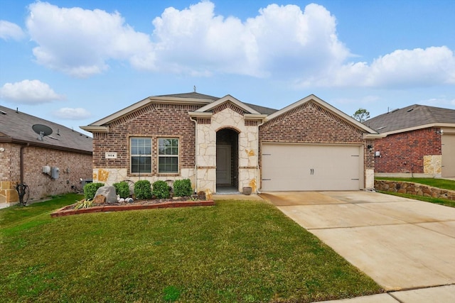 904 Euston St, Denton, TX 76209 - view of front facade with an attached garage, a front lawn, stone siding, and concrete driveway