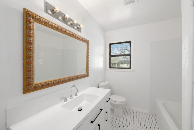 full bathroom with toilet, vanity, baseboards, and visible vents